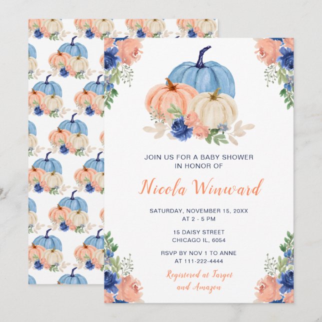 Invitation Baby shower Citrouille bleu et bleu marine (Devant / Derrière)