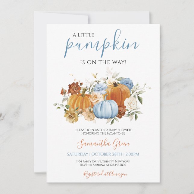 Invitation Baby shower Citrouille bleu garçon (Devant)