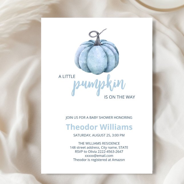 Invitation Baby shower Citrouille bleu | Thème aut (Little pumpkin minimalistic autumn fall baby shower invitation boy)