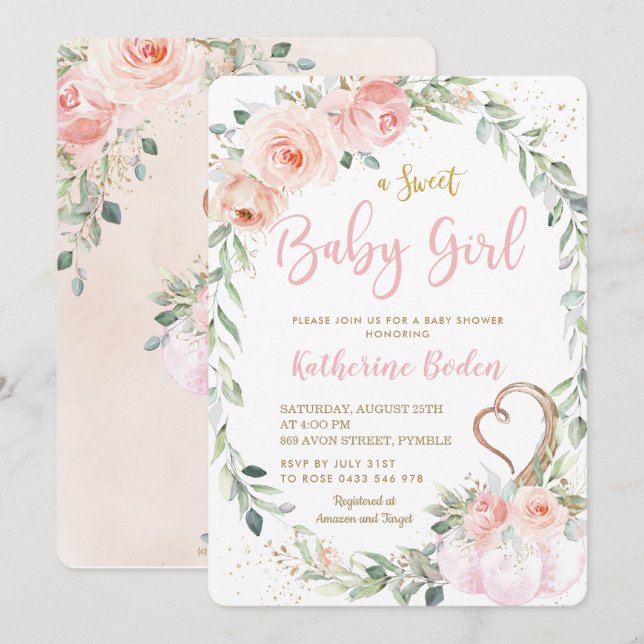 Invitation Baby shower citrouille Blush Rose Floral Wreath Gi (Devant / Derrière)