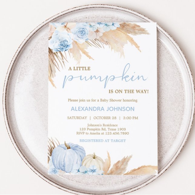 Invitation Baby shower Citrouille Boho bleu (Blue Little Pumpkin Baby Shower Invitation)