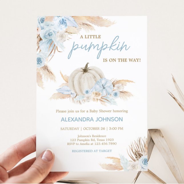 Invitation Baby shower Citrouille Boho Dusty Blue (Boy Little Pumpkin Baby Shower Invitation)