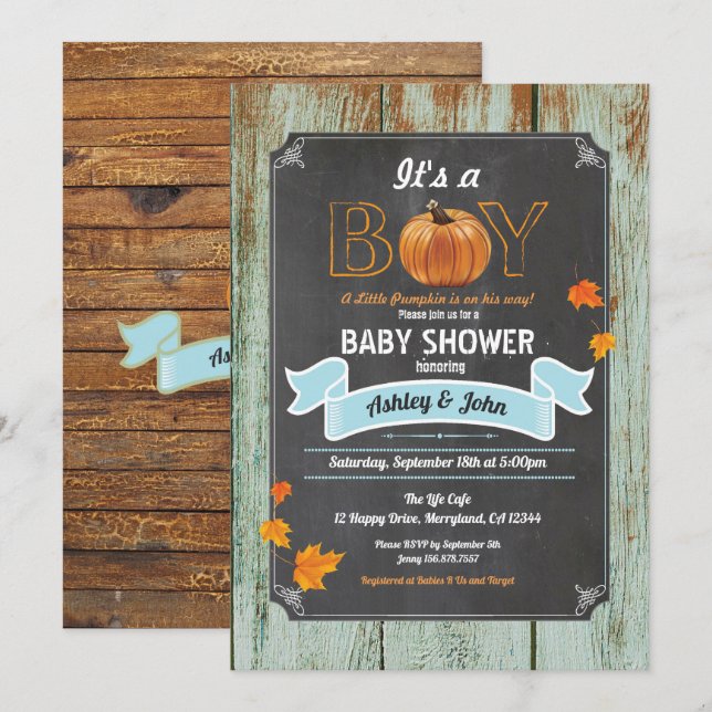 Invitation baby shower citrouille bois rustique (Devant / Derrière)