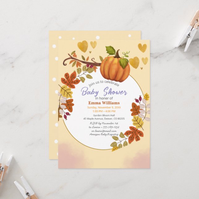 Invitation Baby shower Citrouille d'automne (Devant/Arrière en situation)
