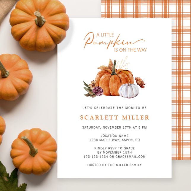 Invitation Baby shower Citrouille d'automne (A Little Pumpkin Is On The Way Baby Shower Invitation Fall Autumn Watercolor Floral)