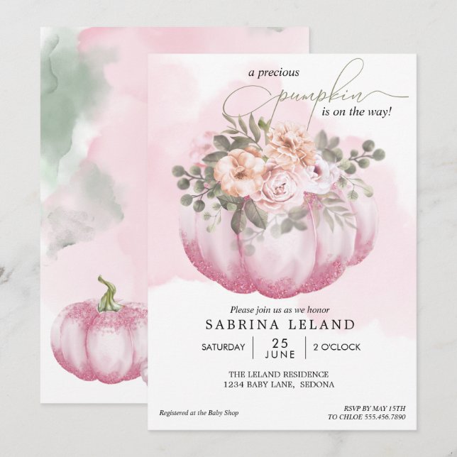 Invitation Baby shower Citrouille de couleur aquarelle rose (Devant / Derrière)