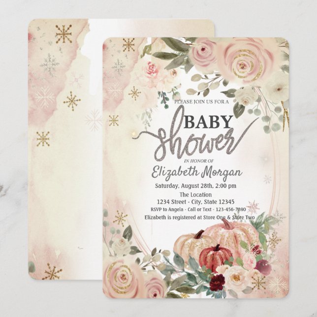 Invitation Baby shower citrouille de fleurs de saumons (Devant / Derrière)