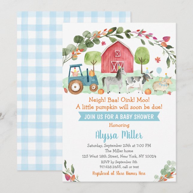 Invitation Baby shower Citrouille de la ferme d'automne (Devant / Derrière)