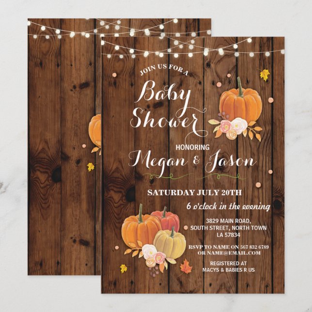 Invitation Baby shower Citrouille de la fête Automne Rustic W (Devant / Derrière)