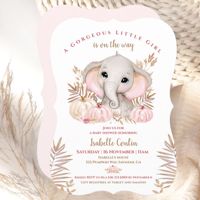 Invitation Baby shower Citrouille de la fille d'au (Fall Girl Elephant Pumpkins Baby Shower Invitation)