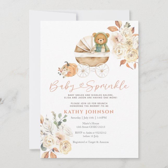 Invitation Baby shower Citrouille de l'ours d'automne (Devant)