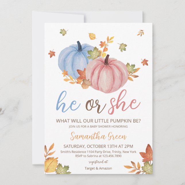 Invitation Baby shower Citrouille de révélation de genre (Devant)