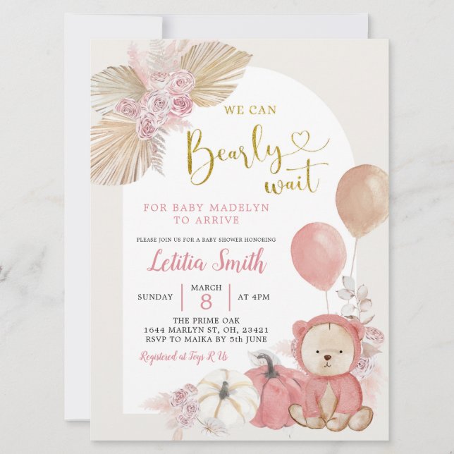 Invitation Baby shower Citrouille d'ours Boho rose (Devant)