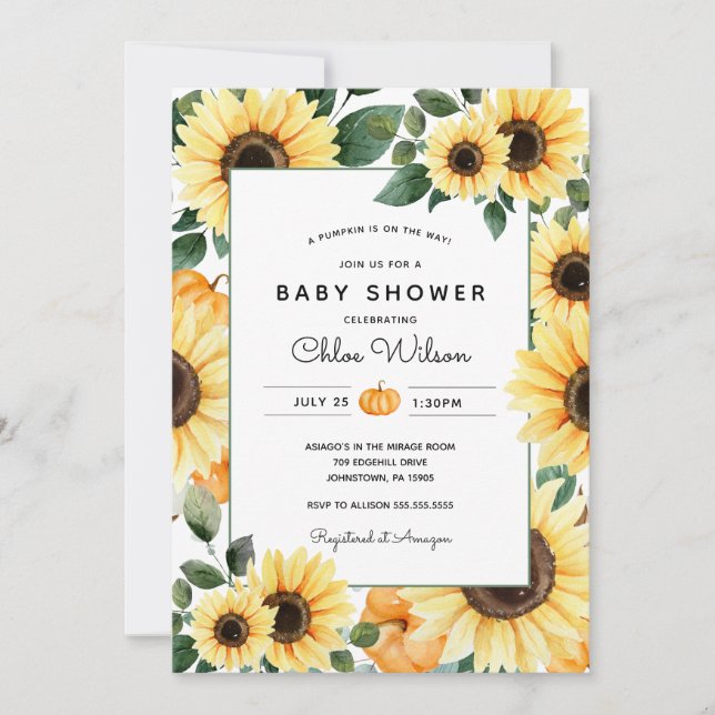 Invitation Baby shower Citrouille et tournesols (Devant)
