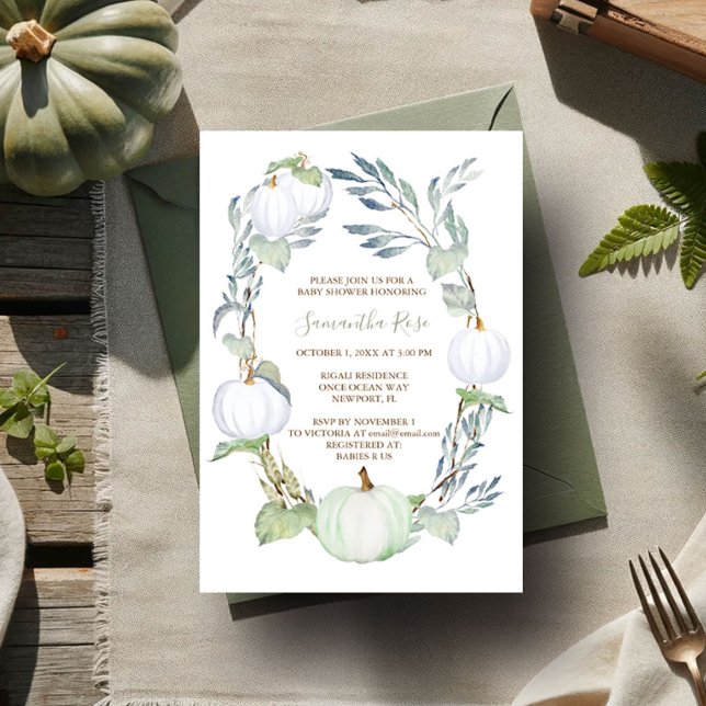 Invitation BABY SHOWER CITROUILLE et verdure BLANC (Gender neutral baby shower invitations fall white and green pumpkins watercolor)