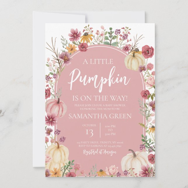 Invitation Baby shower Citrouille Fleur sauvage rose (Devant)