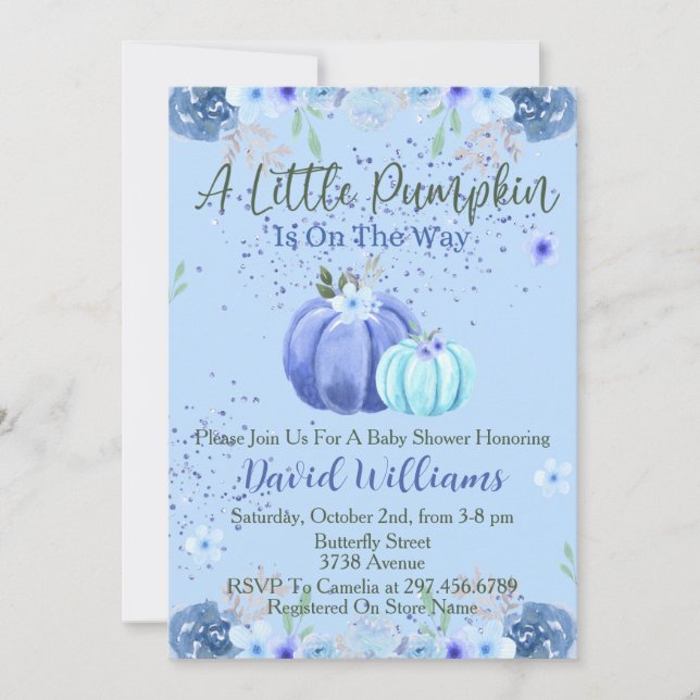 Invitation Baby shower Citrouille Floral Bleu (Devant)