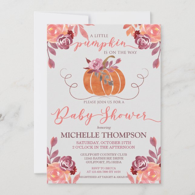Invitation Baby shower Citrouille Floral de l'aquarelle autom (Devant)