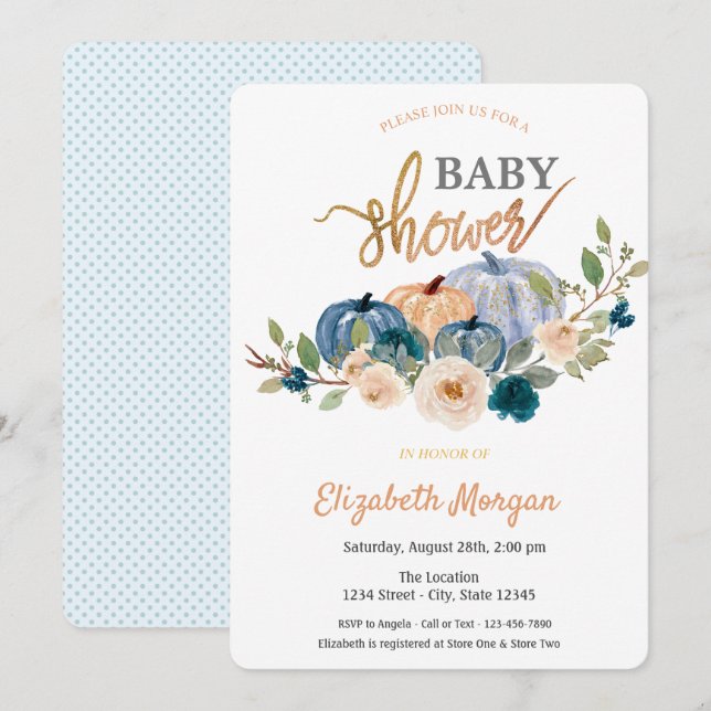 Invitation Baby Shower Citrouille Florale Aquarelle   (Devant / Derrière)