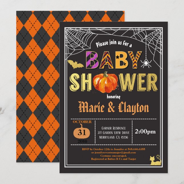 Invitation Baby shower citrouille Halloween noir & or (Devant / Derrière)