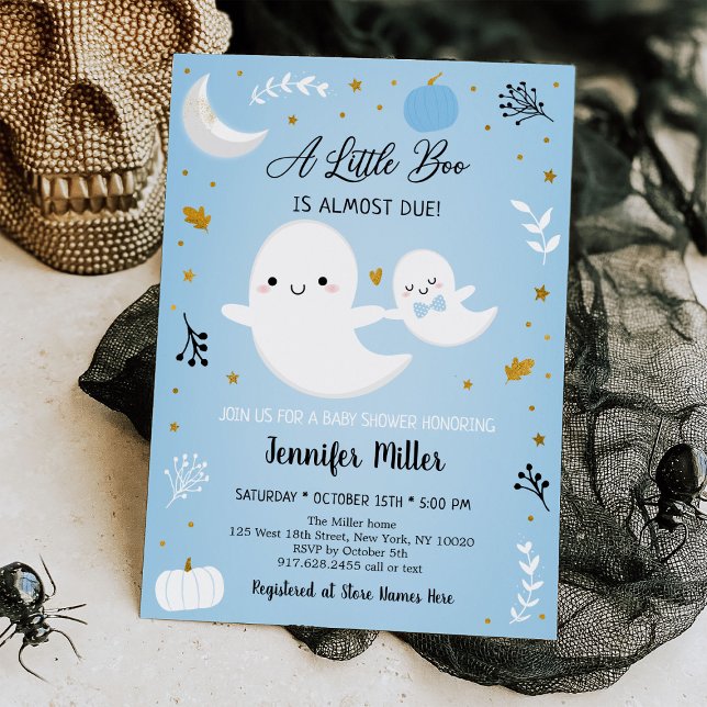 Invitation Baby shower Citrouille Little Boo Blue Gold Ghost (Créateur téléchargé)