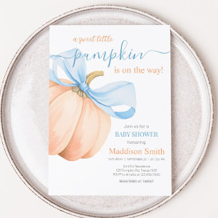 Invitation Baby Shower Citrouille Orange Ruban Bleu