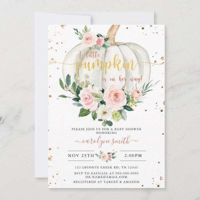 Invitation Baby shower citrouille, Pink Gold Elegant (Devant)