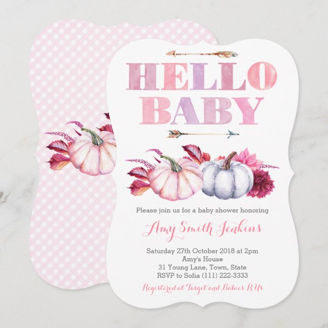 Invitation Baby shower citrouille pour Fille Bébée d'automne (Devant / Derrière)