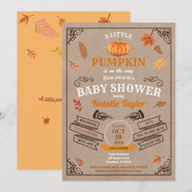 Invitation Baby shower citrouille rétroactif vintage (Devant / Derrière)