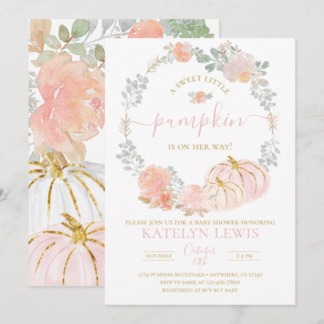 Invitation Baby shower Citrouille rose (Devant / Derrière)