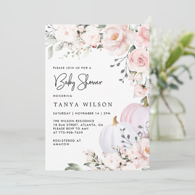Invitation Baby shower Citrouille rose (Debout devant)