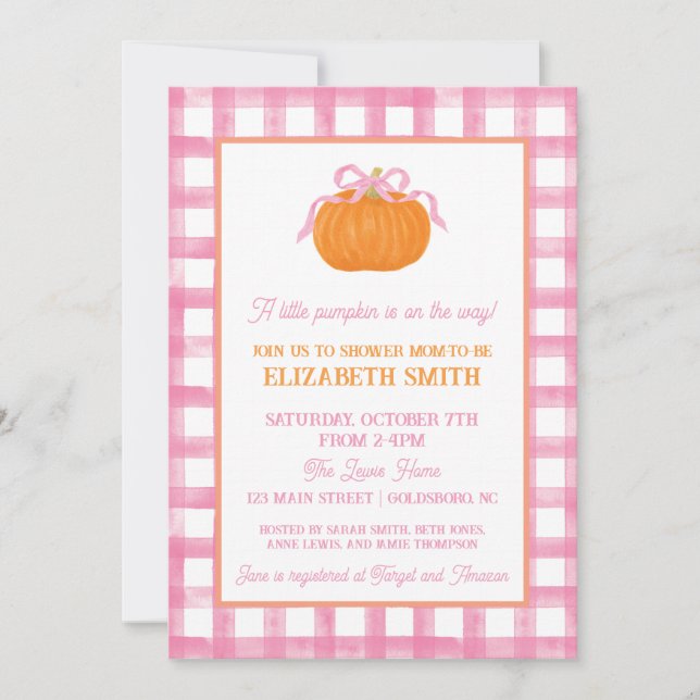 Invitation Baby shower Citrouille rose Bow (Devant)