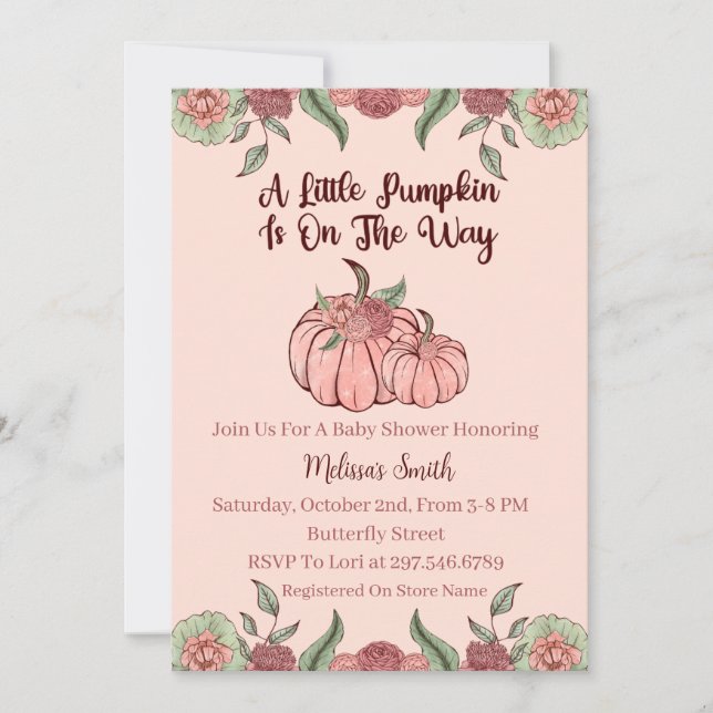Invitation Baby shower Citrouille rose floral (Devant)