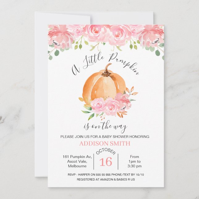 Invitation Baby shower Citrouille rose Floral Oran (Devant)