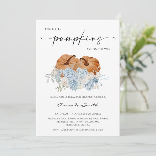 Invitation Baby shower Citrouille Rustic Blue Fall Twins (Debout devant)