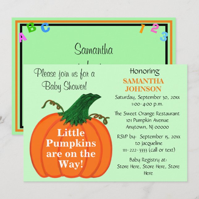 Invitation Baby shower Citrouille Twin Babies ABC 123 (Devant / Derrière)