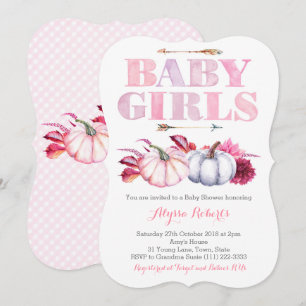 Invitation Baby shower Citrouille Twin Girls rose Grey