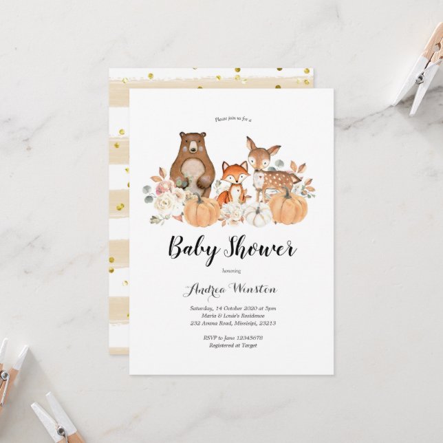 Invitation Baby shower Citrouille Woodland (Devant/Arrière en situation)