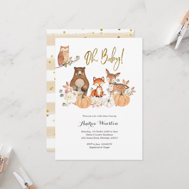 Invitation Baby shower Citrouille Woodland (Devant/Arrière en situation)