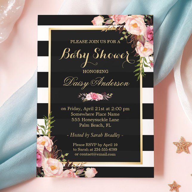 Invitation Baby shower Classé Floral Or Noir Blancs (Créateur téléchargé)