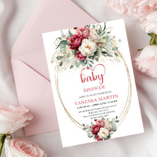 Invitation Baby-Shower classique boho rouge blanc floral or