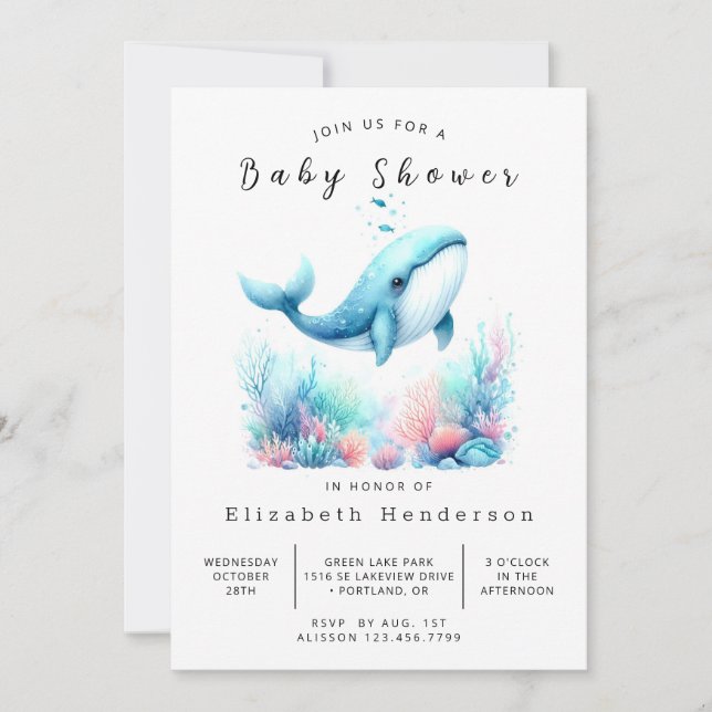 Invitation Baby shower classique en ligne baleines (Devant)