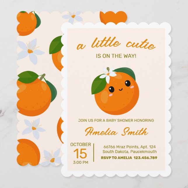 Invitation Baby shower Clementine Orange Little Cutie (Devant / Derrière)