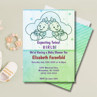 Invitation Baby shower Cloud Twin Girls en vert