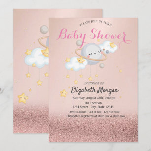 Invitation Baby Shower Clous Stars Planet Rose Gol