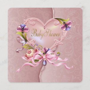 Invitation Baby Shower Cœur Damassé Rose Élégant