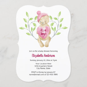 Invitation Baby shower Coeur de l'ours en peluche mignon