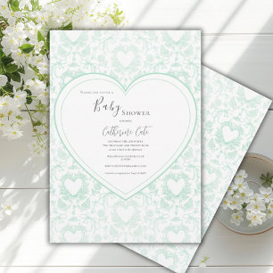 Invitation Baby Shower Cœur Floral Vert Fantaisiste