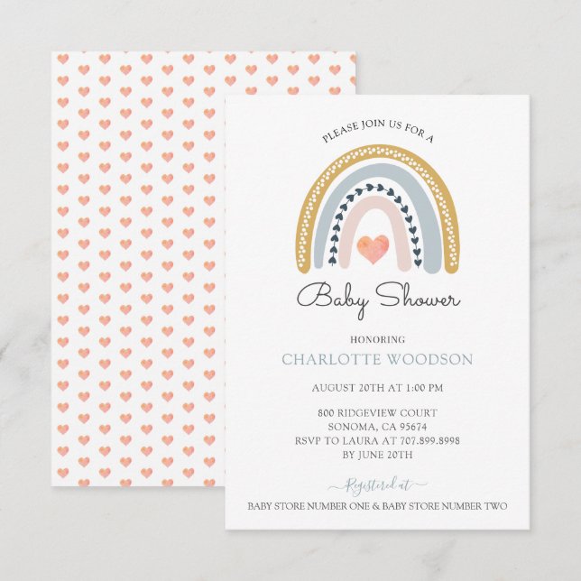 Invitation Baby shower Coeur rose arc-en-ciel (Devant / Derrière)