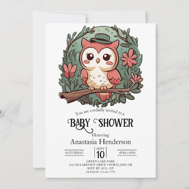 Invitation Baby shower coloré de Chouette forestière (Devant)